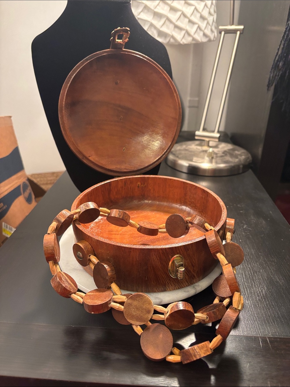 Hand Crafted Brown Wooden Shoulder Bag with Linked Disc Strap